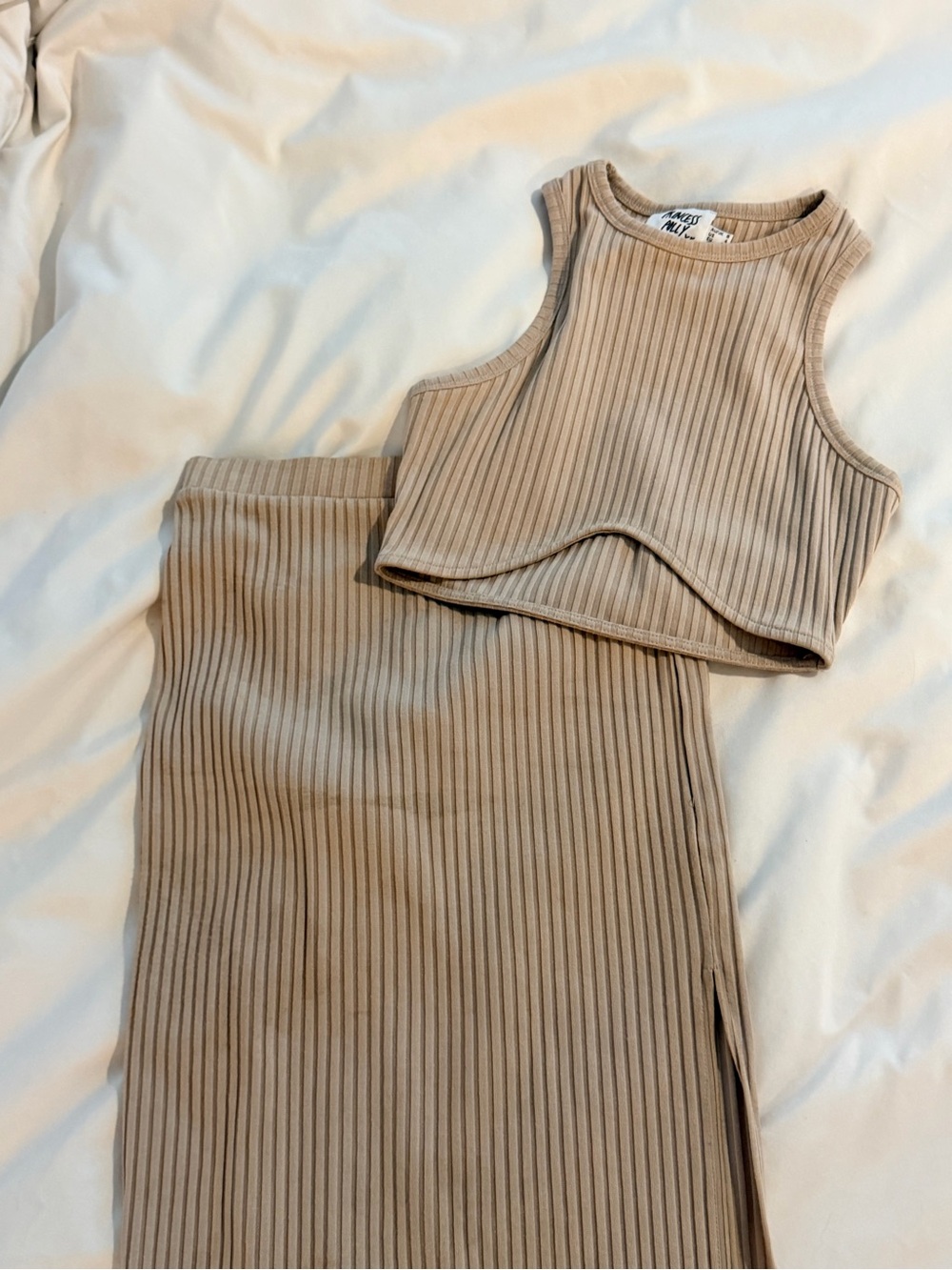 Princess Polly Ribbed Two-Piece Crop Top and Skirt Set in Taupe
